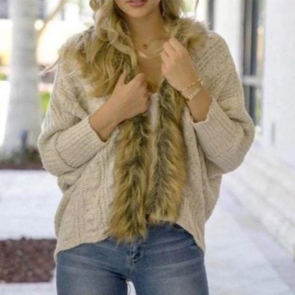 T&J Designs Faux Fur Cream Knit Flyaway Cardigan